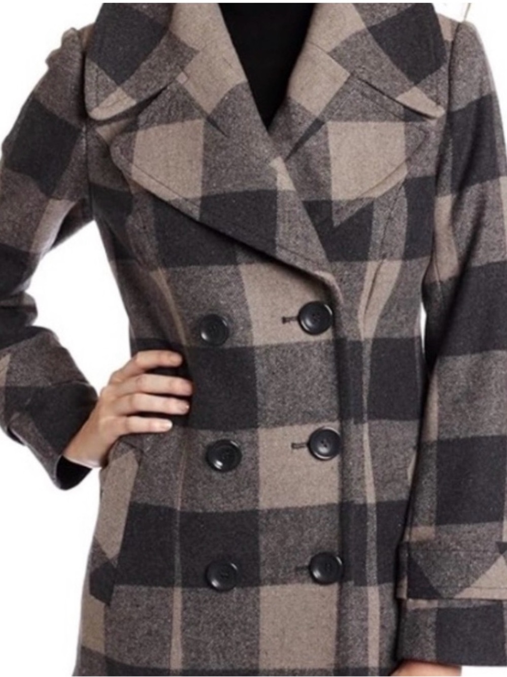 Kensie Plaid Double-Breasted Pea Coat in Taupe & Black